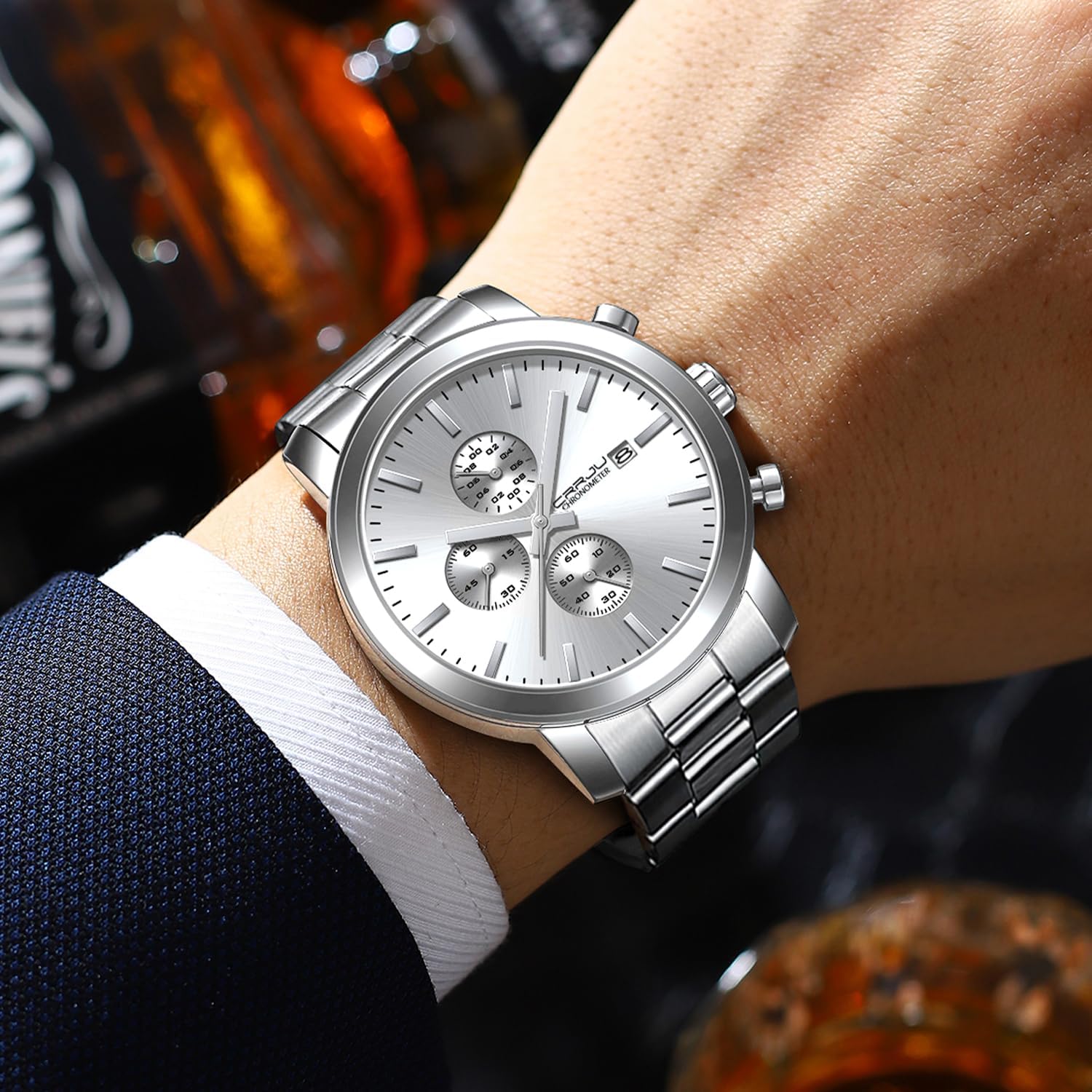 Detalle 2 de CRRJU Herren Chronograph Uhr aus Edelstahl – Datum, Stoppuhr, 30 m Wasserfest