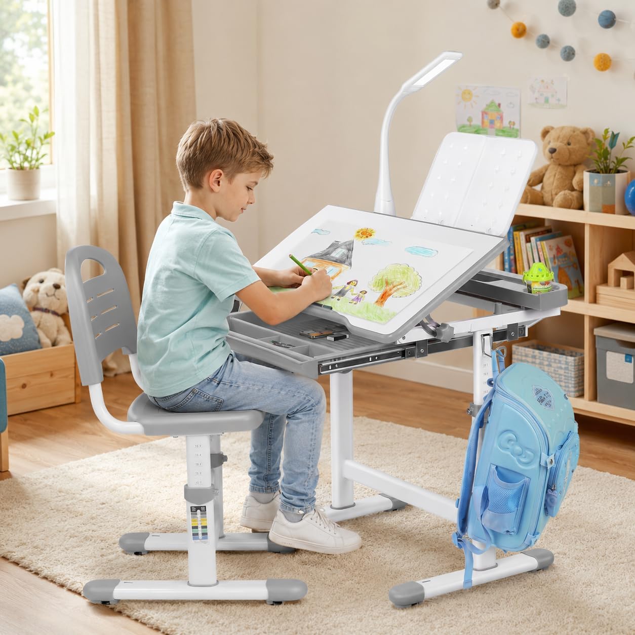 Thumbnail 6 de MAMIZO Gris Height-Adjustable Children's Desk and Chair Set with Lamp, Grey