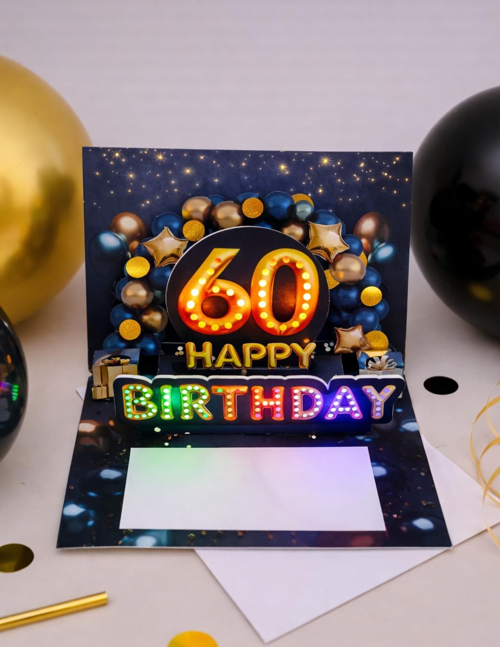 Detalle de Joli Coon Biglietto auguri 60 anni uomo – Biglietto 3D pop up con musica e luce, con busta e sigillo