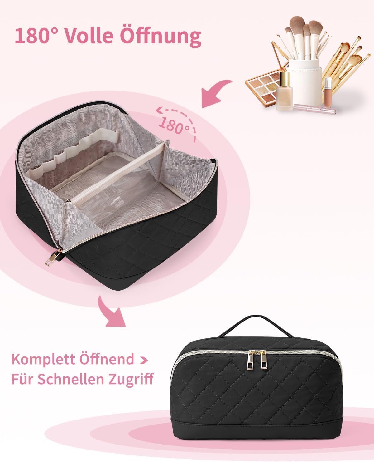 Detalle de Wandering Nature Kosmetiktasche Damen Reise Make Up Tasche mit Bürstenfach – Großes Fassungsvermögen, wasserdicht, Trenneinlage, Griff, Schwarz