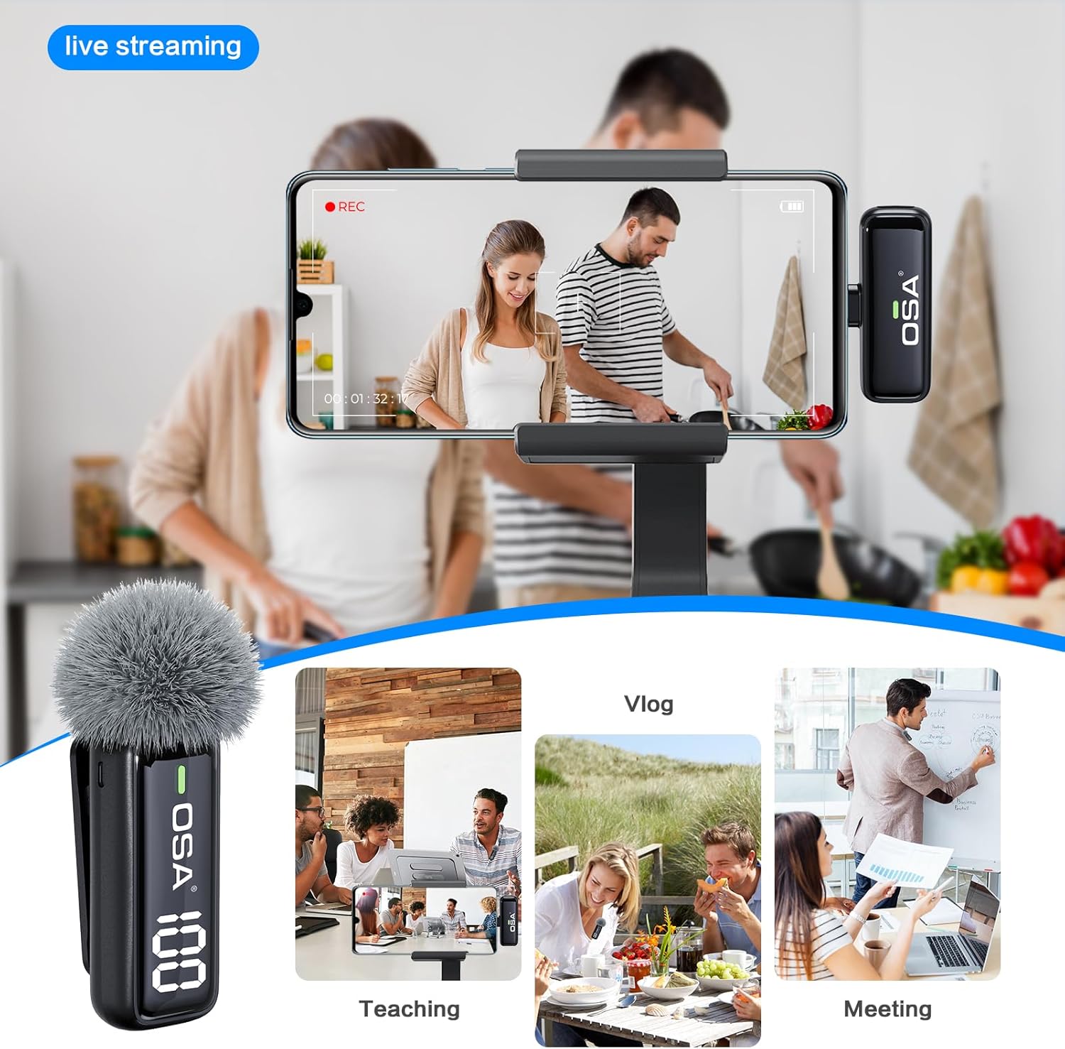 Detalle 2 de OSA Microfono Lavalier Wireless per iPhone/iPad/Android, 2 Pack con display e riduzione del rumore (Bluetooth, plug&play)