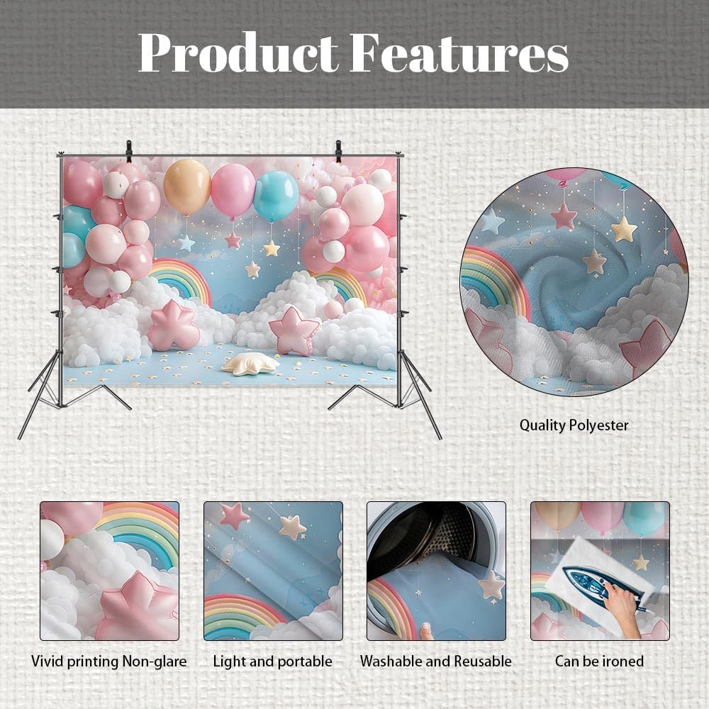 Thumbnail 5 de MEHOFOND 7x5ft Pink Girl Birthday Photography Backdrop (cloud, rainbow, balloons & stars) for cake smash and party photos