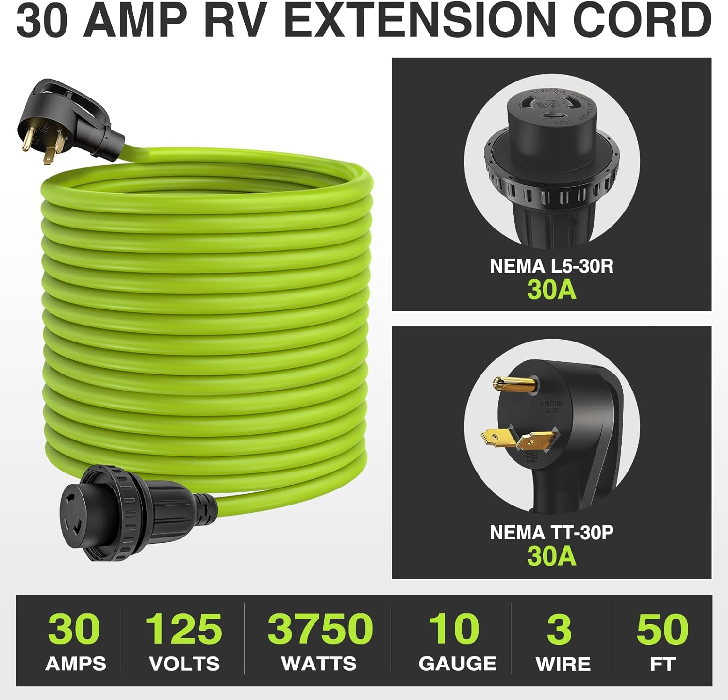 Thumbnail 4 de Nilight 50FT 30 Amp RV Locking Extension Cord (10/3 Pure Copper) — TT-30P to L5-30R, Weatherproof