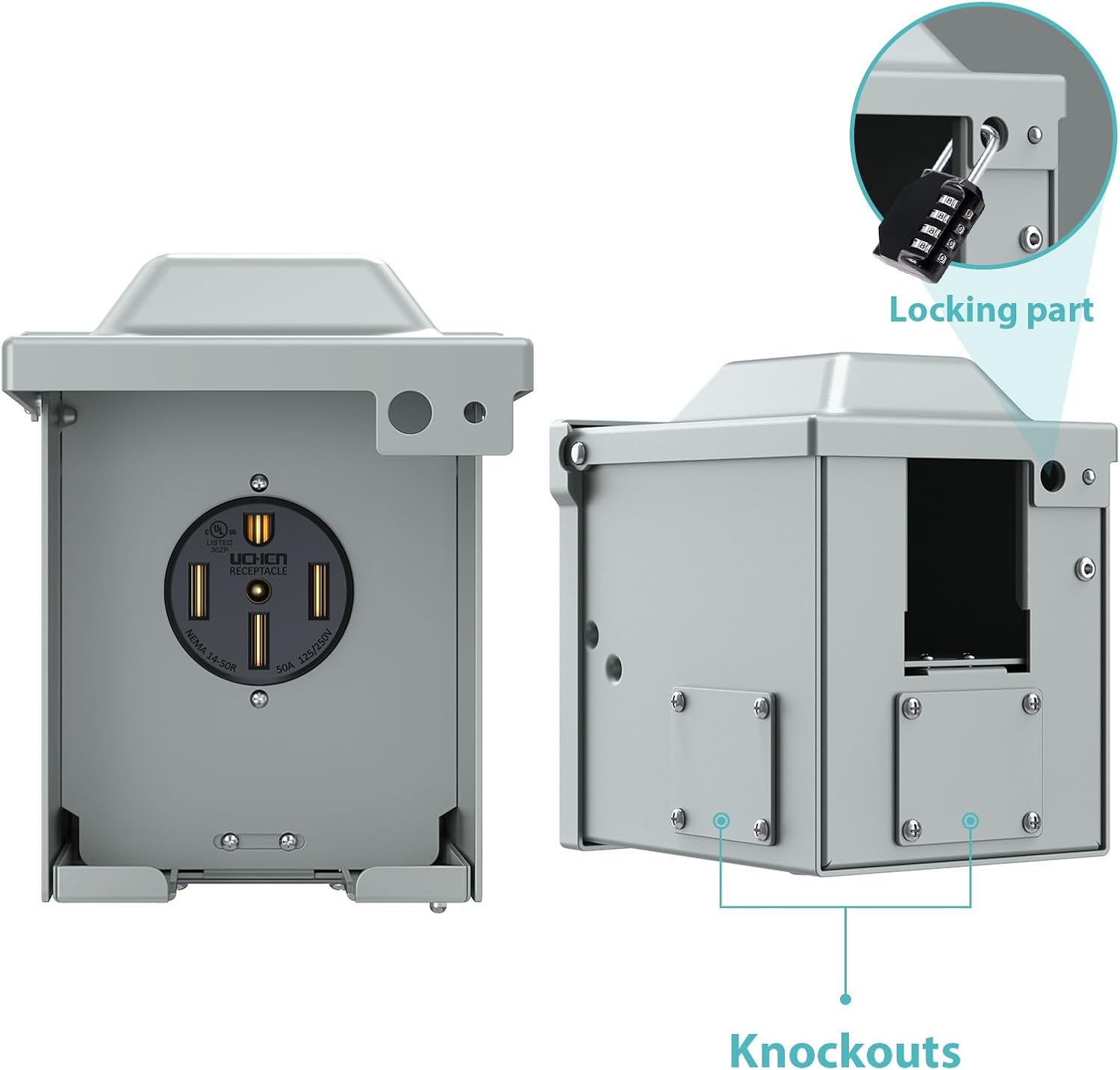 Detalle 2 de WEBANG RM50DFPB 50-Amp RV Power Outlet Box, Lockable, Weatherproof NEMA 14-50R