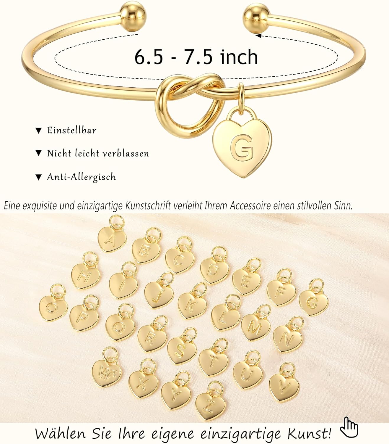 Thumbnail 3 de Bracelet personnalisé ZOERAY or jaune et argent 18K plaqué, nœud d’amour réglable avec breloque cœur (initiales A-Z)