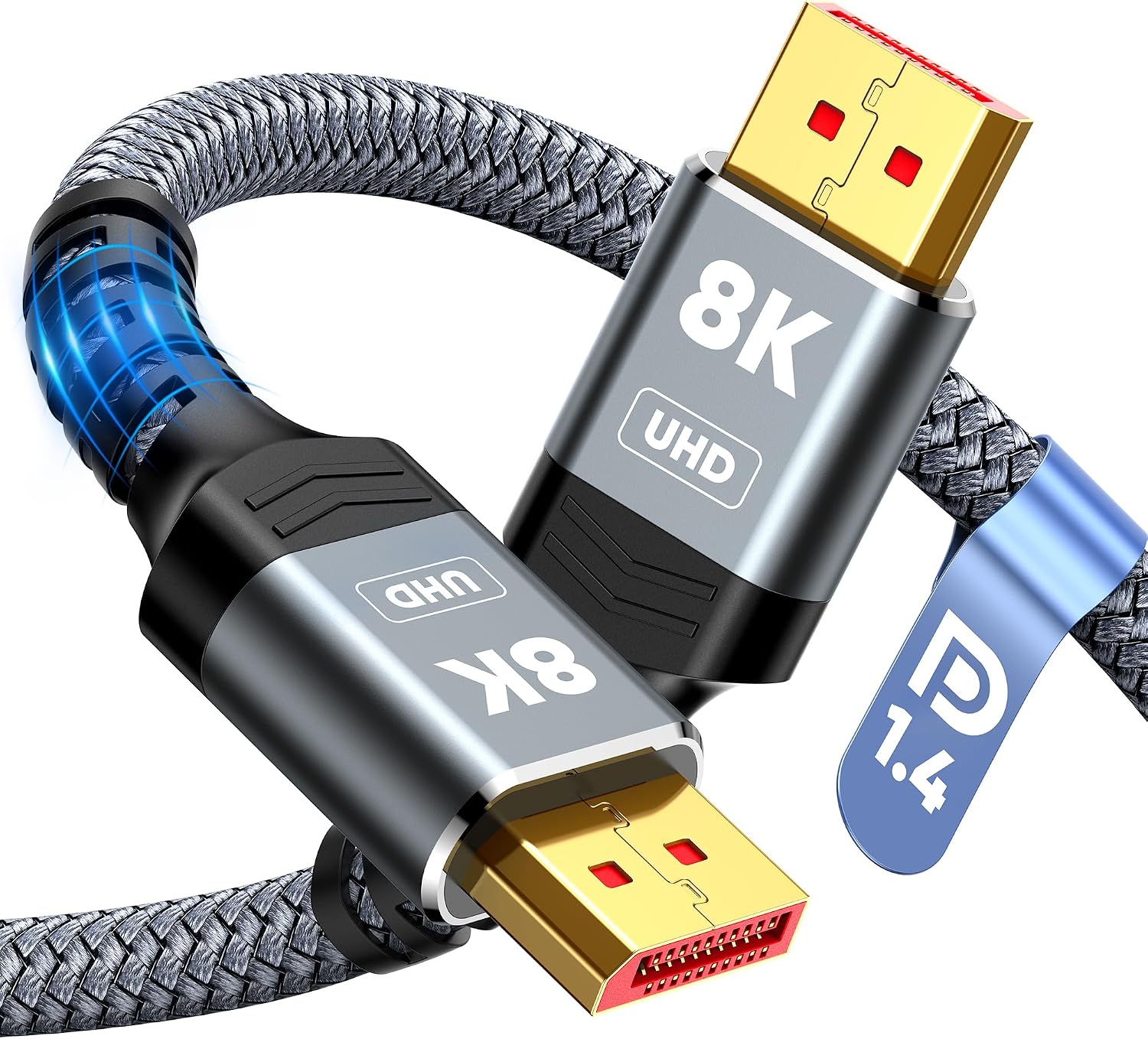 Detalle de Capshi 8K DisplayPort 1.4 Cable (VESA Certified) 6.6 ft, 8K@60Hz / 4K@144Hz / 2K@240Hz, Braided Gray
