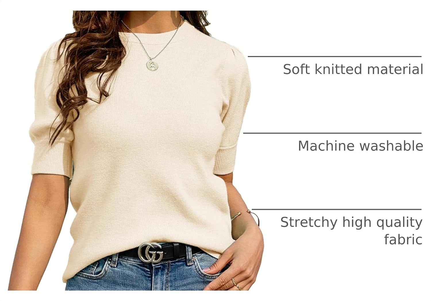 Detalle 2 de Bodosalia Women’s Puff Short Sleeve Sweater (Crew Neck Ribbed Knit Pullover)