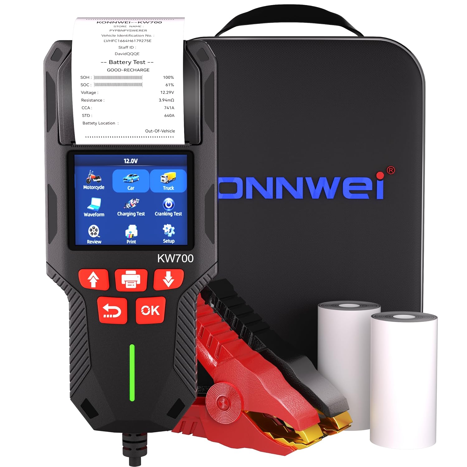 KONNWEI KW700 Autobatterietester mit Drucker für 12 V/24 V (Anlass- und Ladetest, 10–2000 CCA)