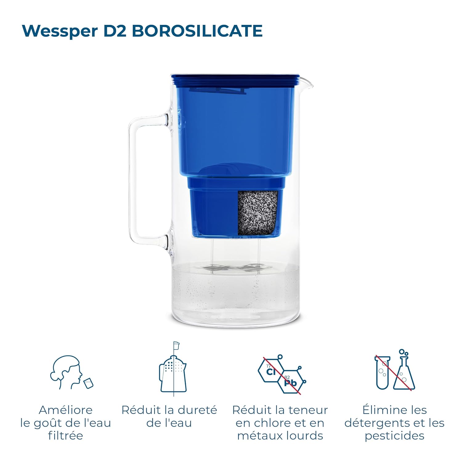 Detalle de Wessper WES201-NB+2 glazen filterkan 3 l met 2 filters, blauw