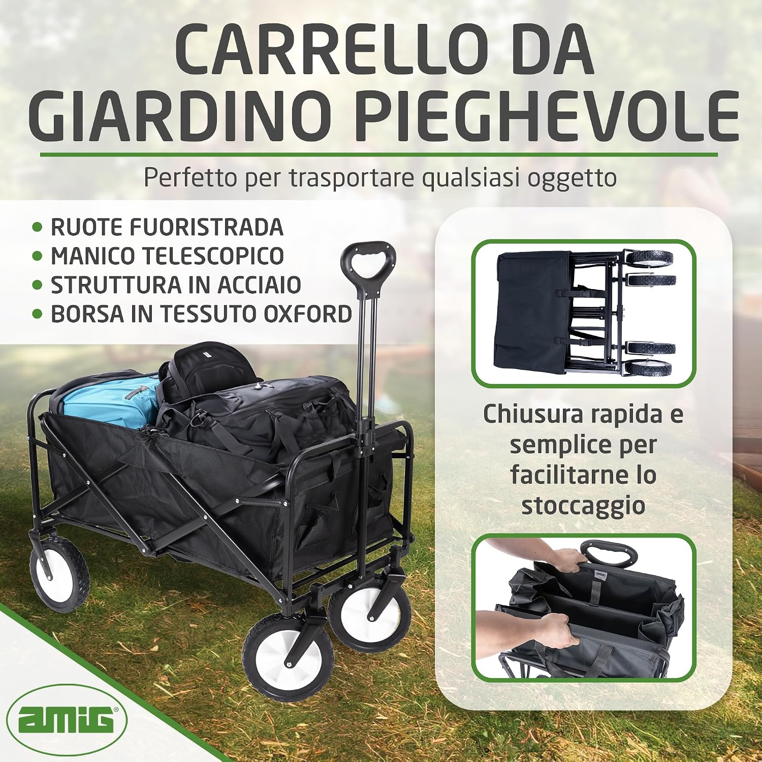 Detalle 2 de Amig Carrello da Giardino Pieghevole in Tessuto Oxford Impermeabile con Ruote da 20 cm – Nero