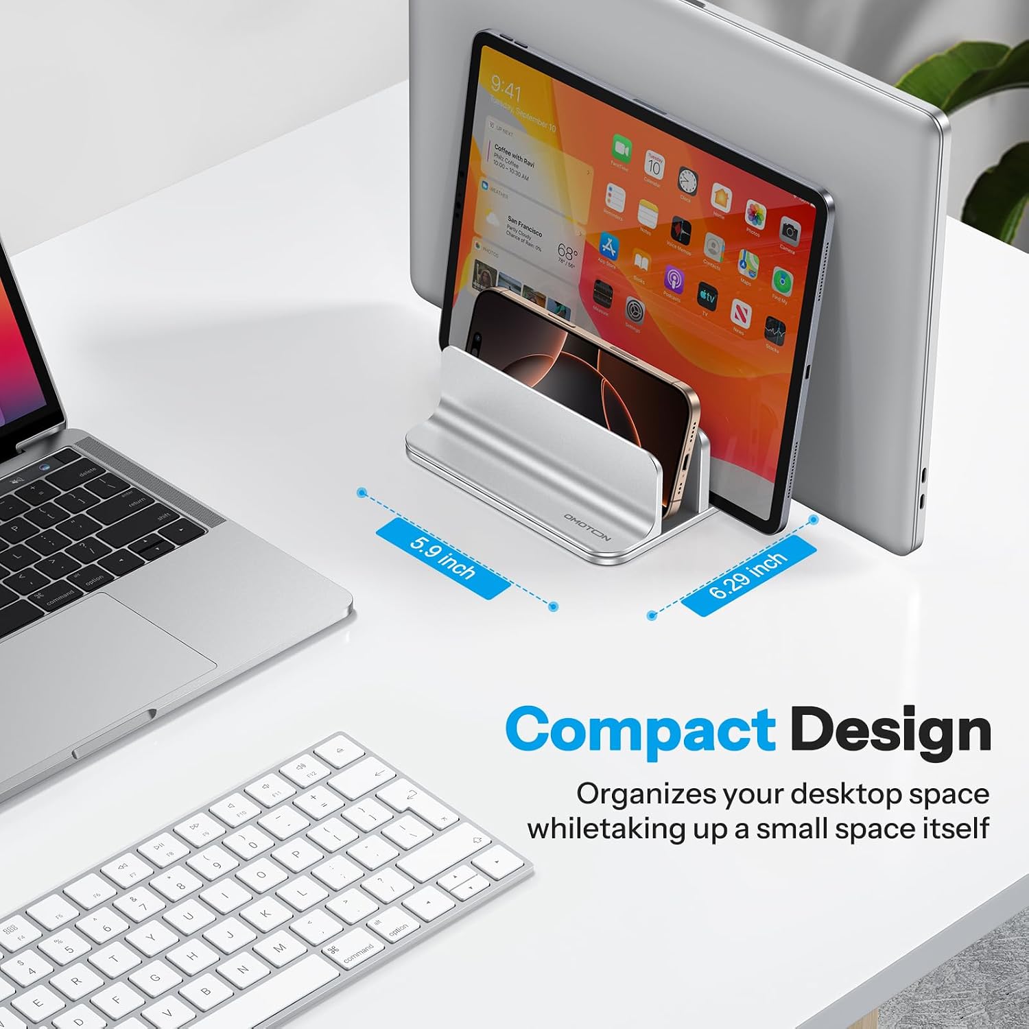 Detalle 1 de OMOTON VL03-Silver 3-Slot Vertical Laptop Stand, Adjustable Aluminum, Bright Silver