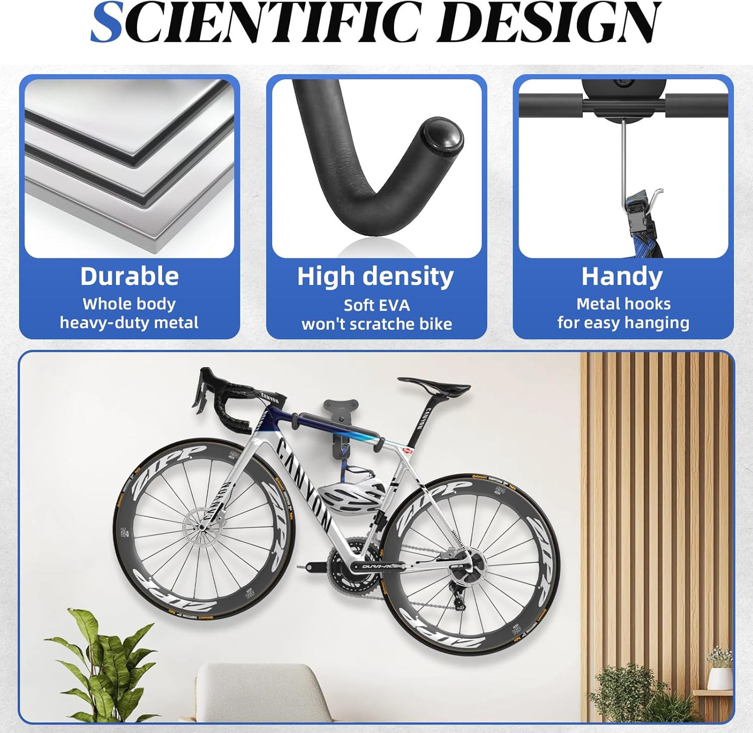 Detalle de WELDUN Bike Wall Mount with Foldable Rack & Helmet Hook – Adjustable 21–30 cm Storage for Up to 30 kg