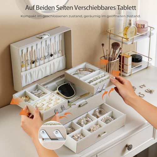 Detalle de Dajasan Schmuckkästchen – 3‑stufige PU‑Leder Schmuckbox mit 1 Schublade (Champagner)