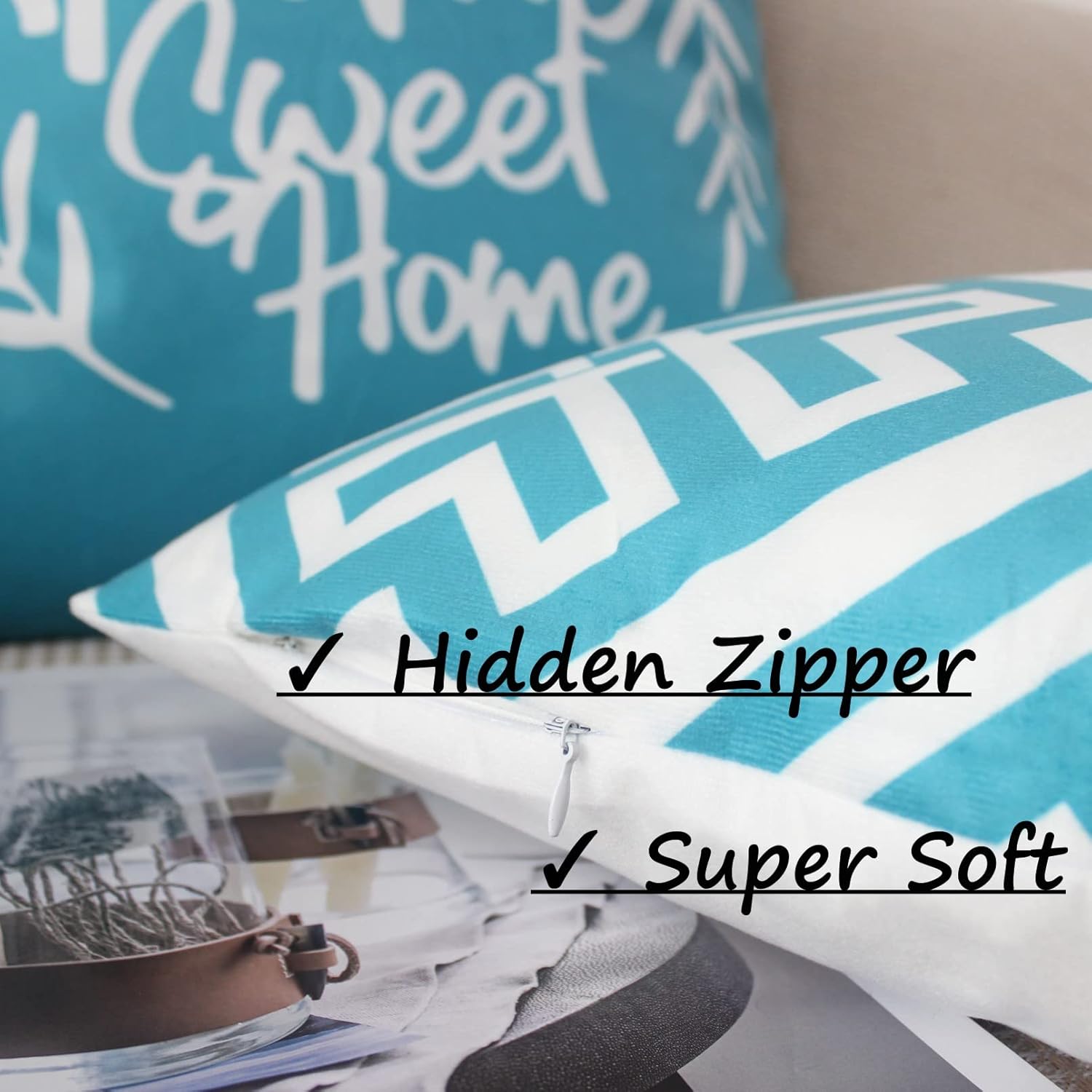 Thumbnail 2 de NIULAA Weiche Kissenbezüge 45x45 cm Türkis im 4er-Set (Veloursoptik, verdeckter Reißverschluss)