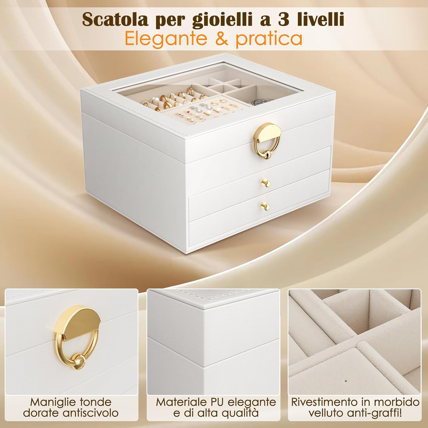 Thumbnail 3 de OrderlyGo Portagioie a 4 ripiani grande: organizer per gioielli con coperchio trasparente (bianco)