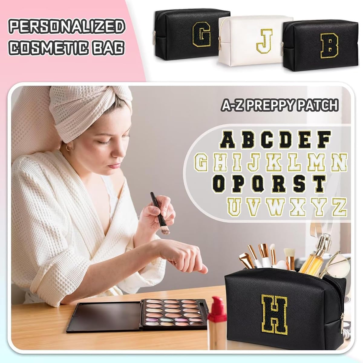 Thumbnail 4 de Anntry Small Personalised Initial Letter Makeup Bag – Pink PU Leather with Gold Chenille Patch