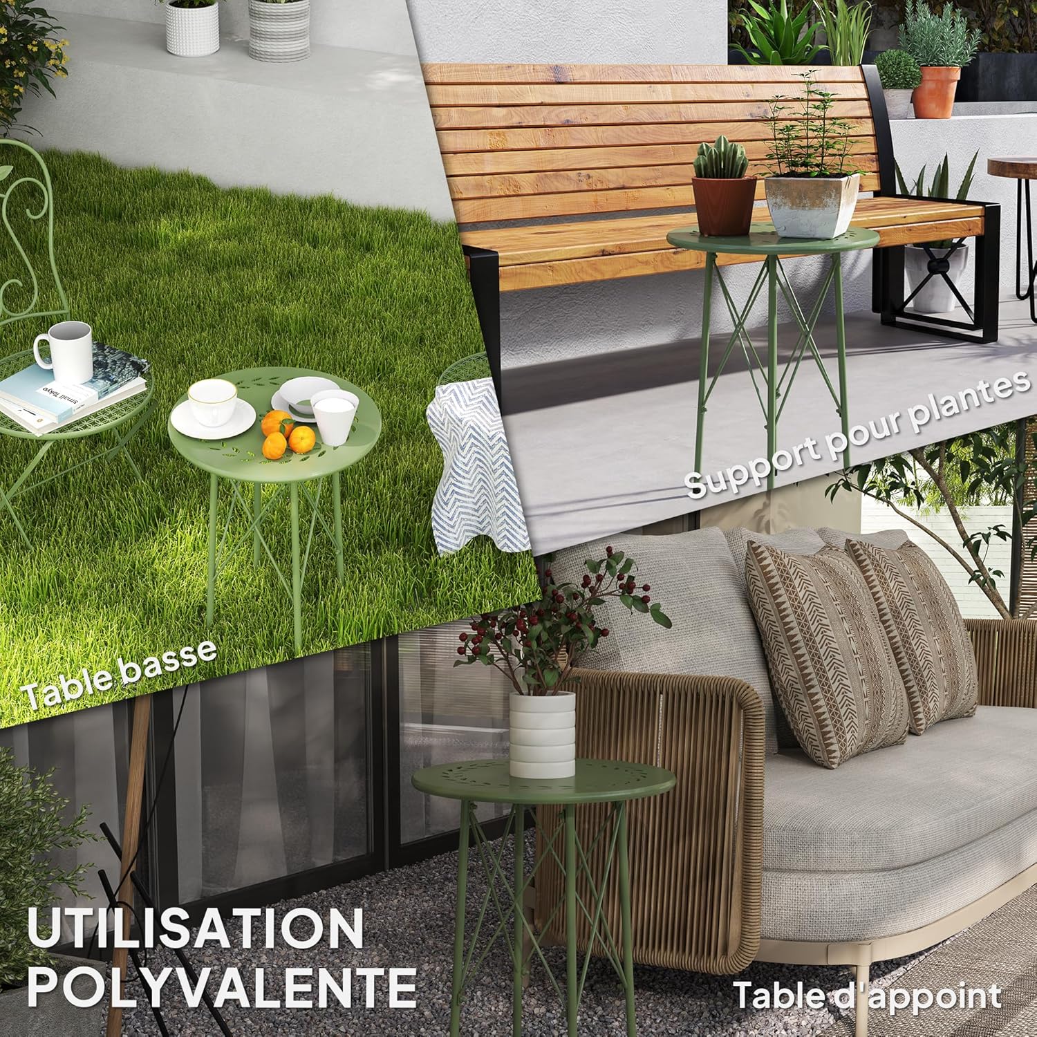 Thumbnail 6 de Outsunny Petite table d’appoint ronde en acier vert avec décor fleur et feuilles
