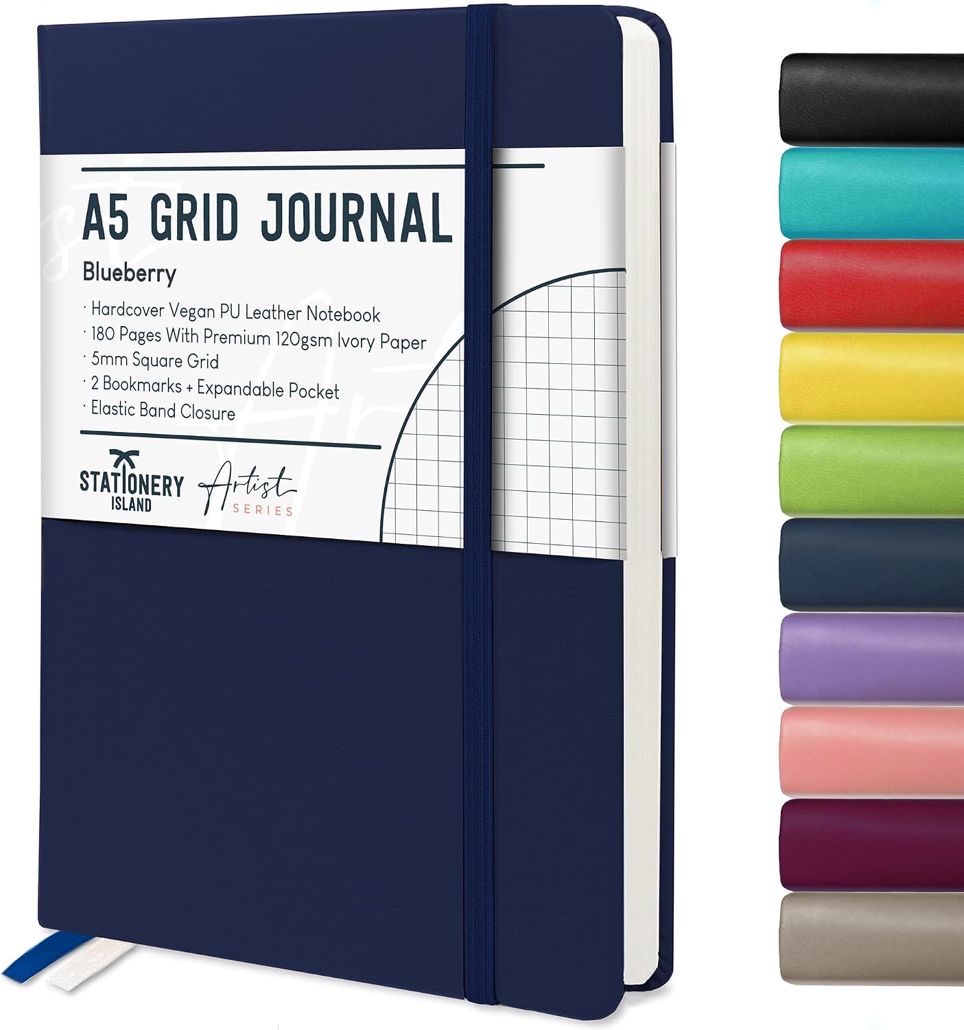 Detalle de STATIONERY ISLAND A5 Squared Notebook (Graph Paper) with 120gsm Thick Pages, 180 Pages — Blueberry