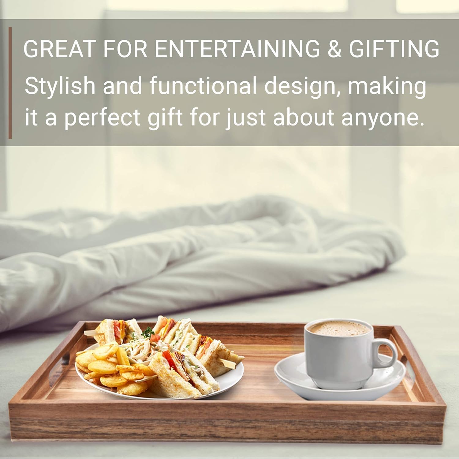 Thumbnail 3 de Acacia Wood Serving Tray with Handles (Set of 2) — Decorative Platter for Breakfast in Bed, Coffee Table, Patio, BBQ