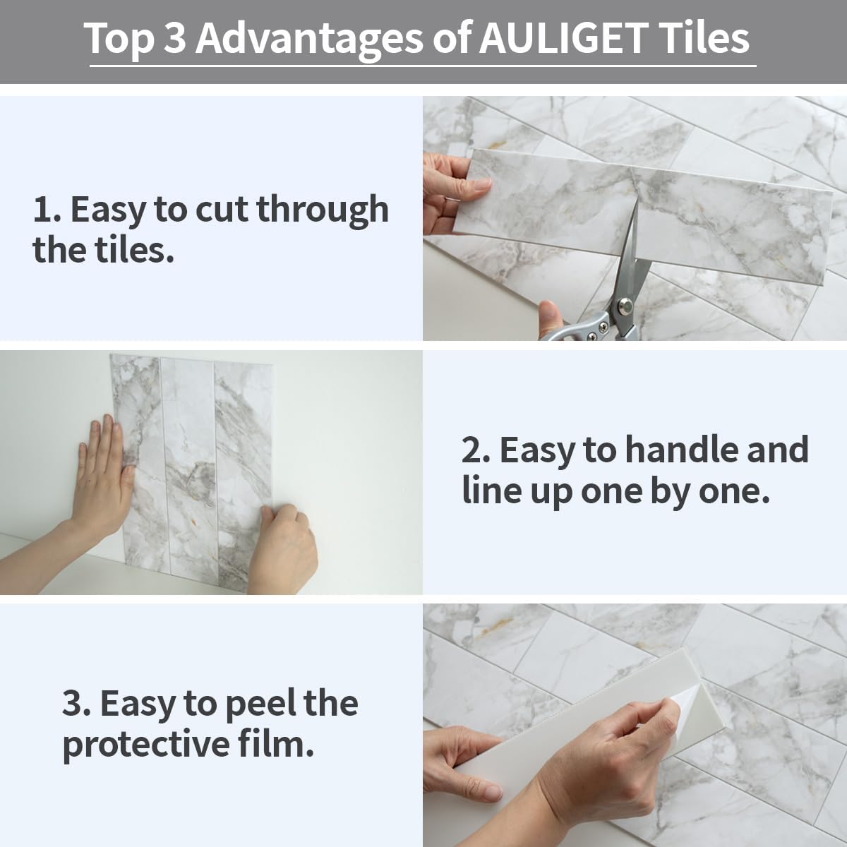 Thumbnail 6 de AULIGET 40-Piece Peel-and-Stick PVC Backsplash Tiles, Polished White Marble, 3" x 12