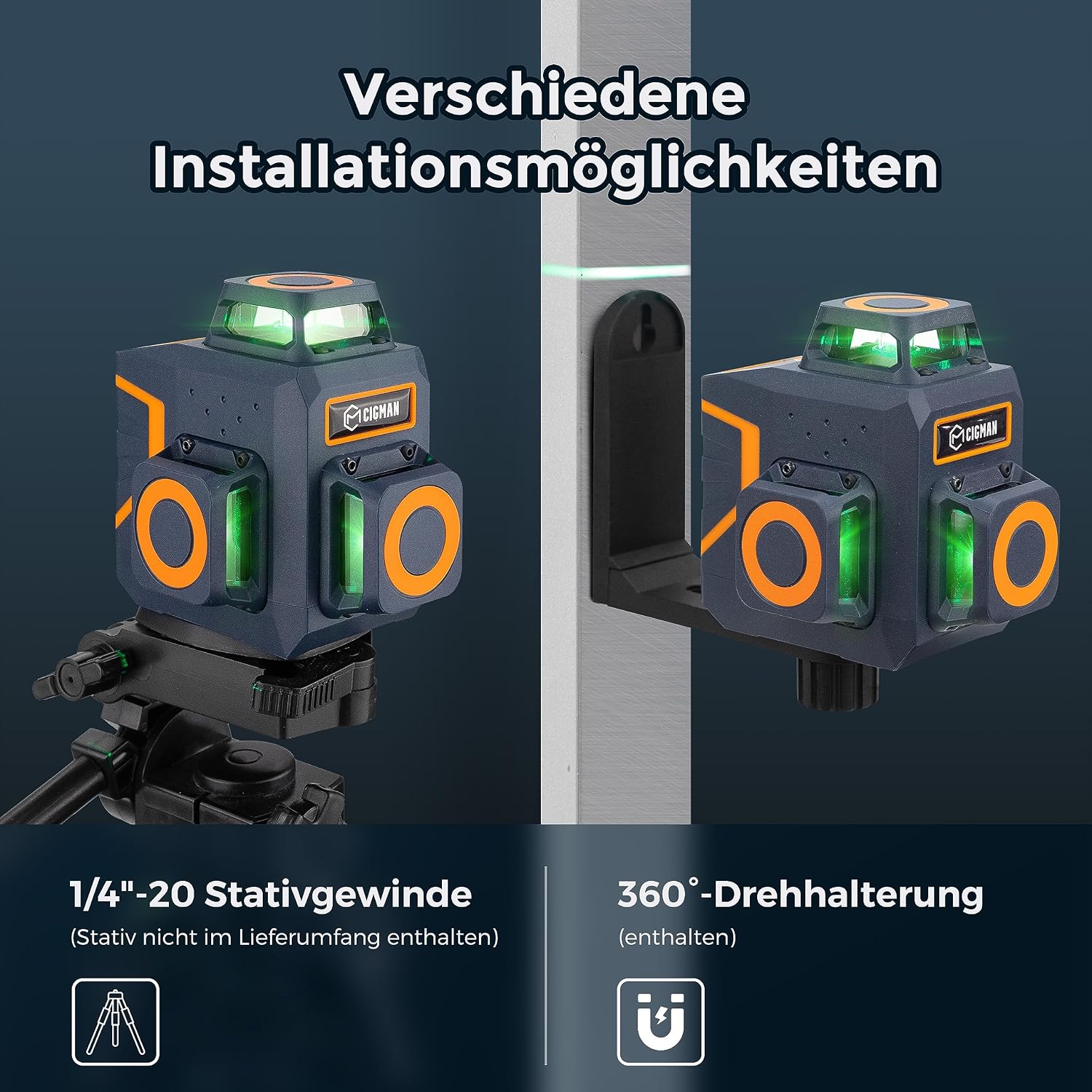 Detalle de CIGMAN Kreuzlinienlaser Grün 3 x 360° CM701SE – kabelloser Nivellierlaser mit Fernbedienung