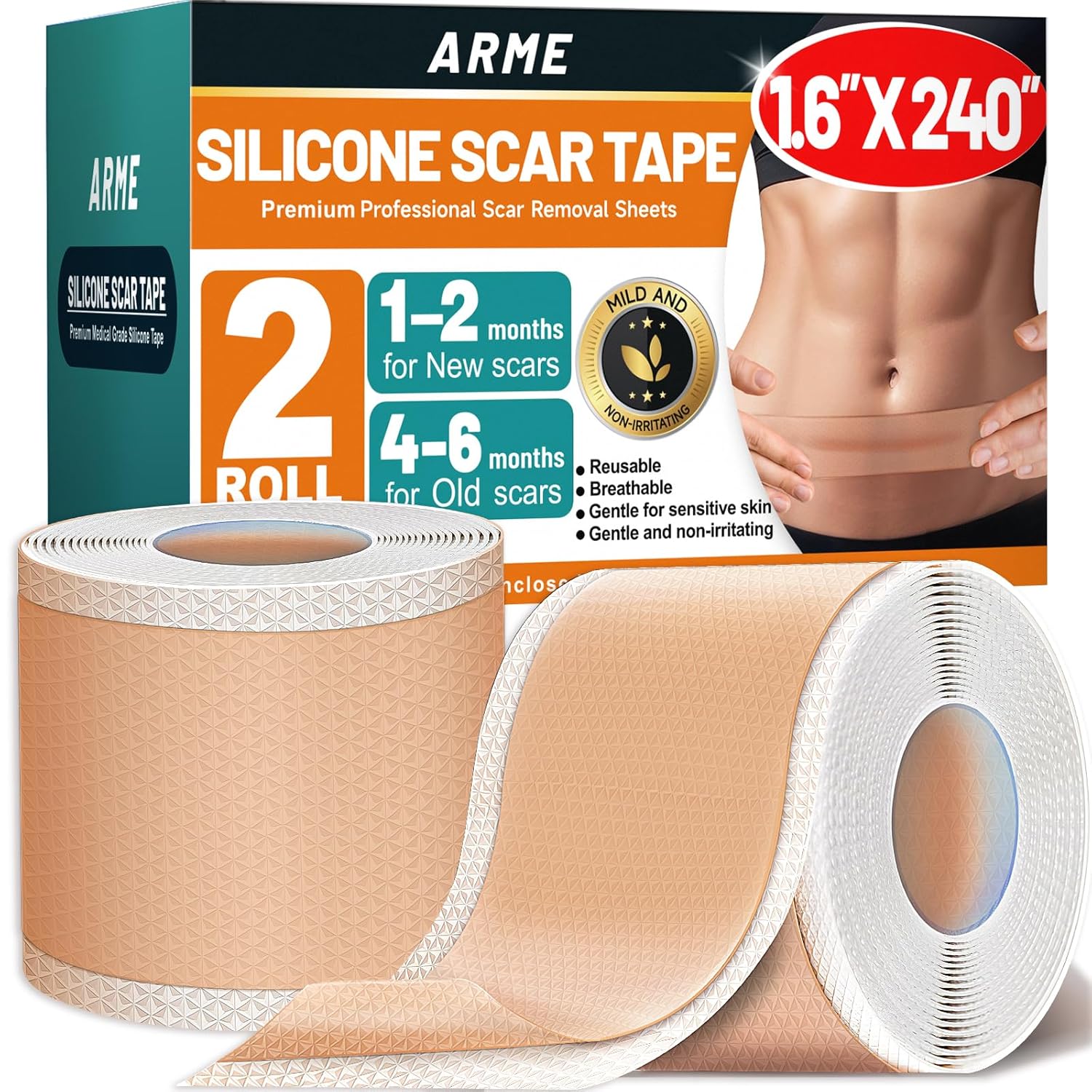 Arme Silicone Scar Tape: 2 rolls of 1.6" x 120" medical grade silicone scar sheets
