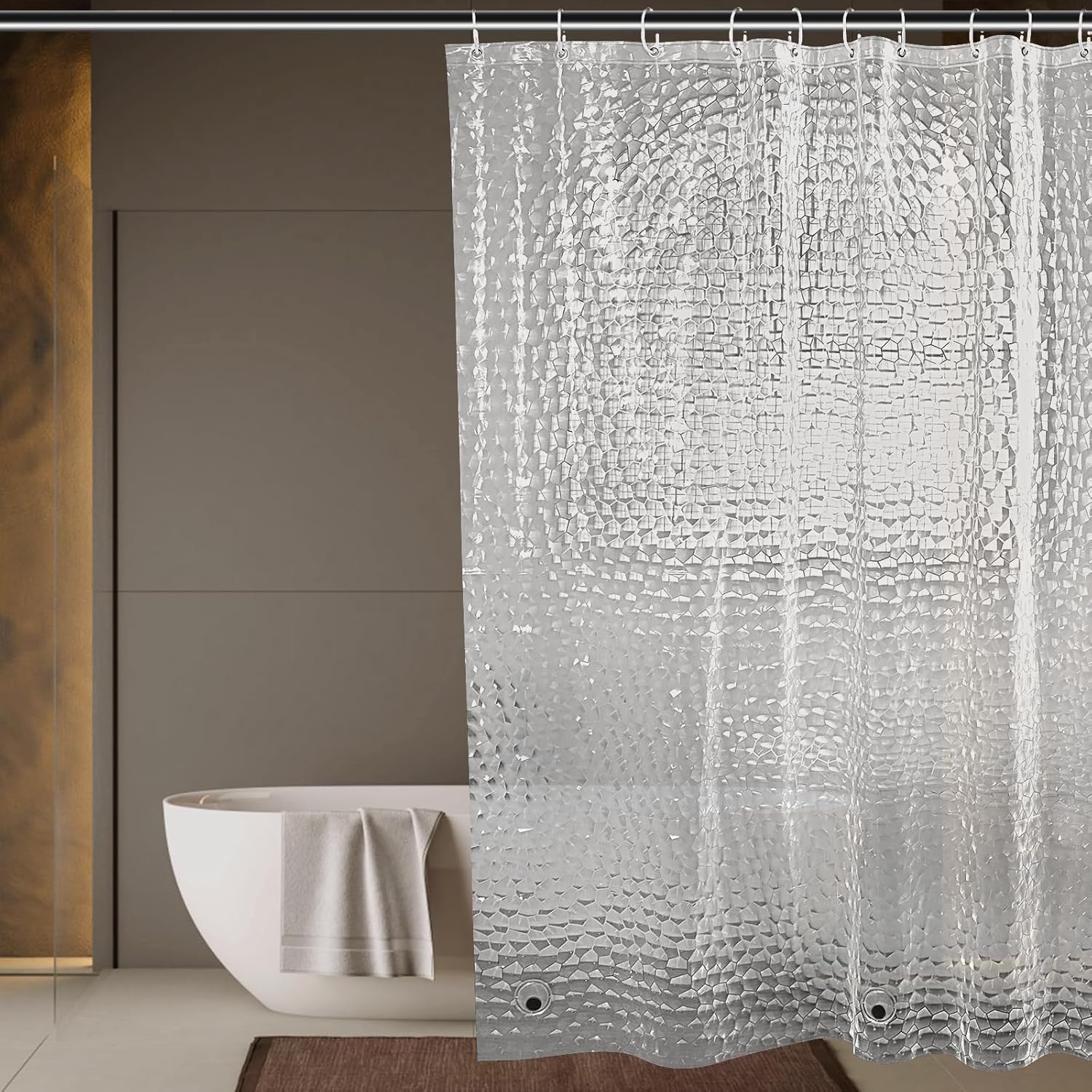 OTraki Clear Shower Curtain 180 x 180 cm: Extra Long 3D Design, Anti-Mould, Waterproof with 12 Hooks