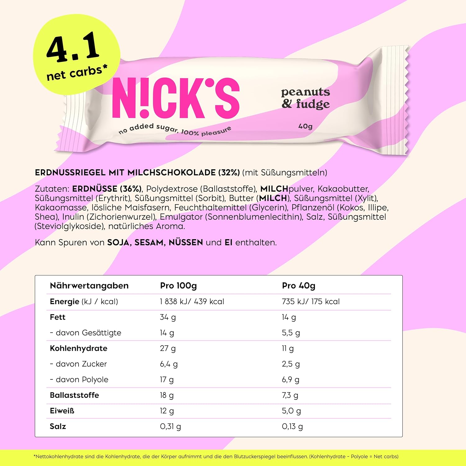 Thumbnail 2 de NICKS Keto Riegel Peanuts n Fudge — 15x40g 🍫