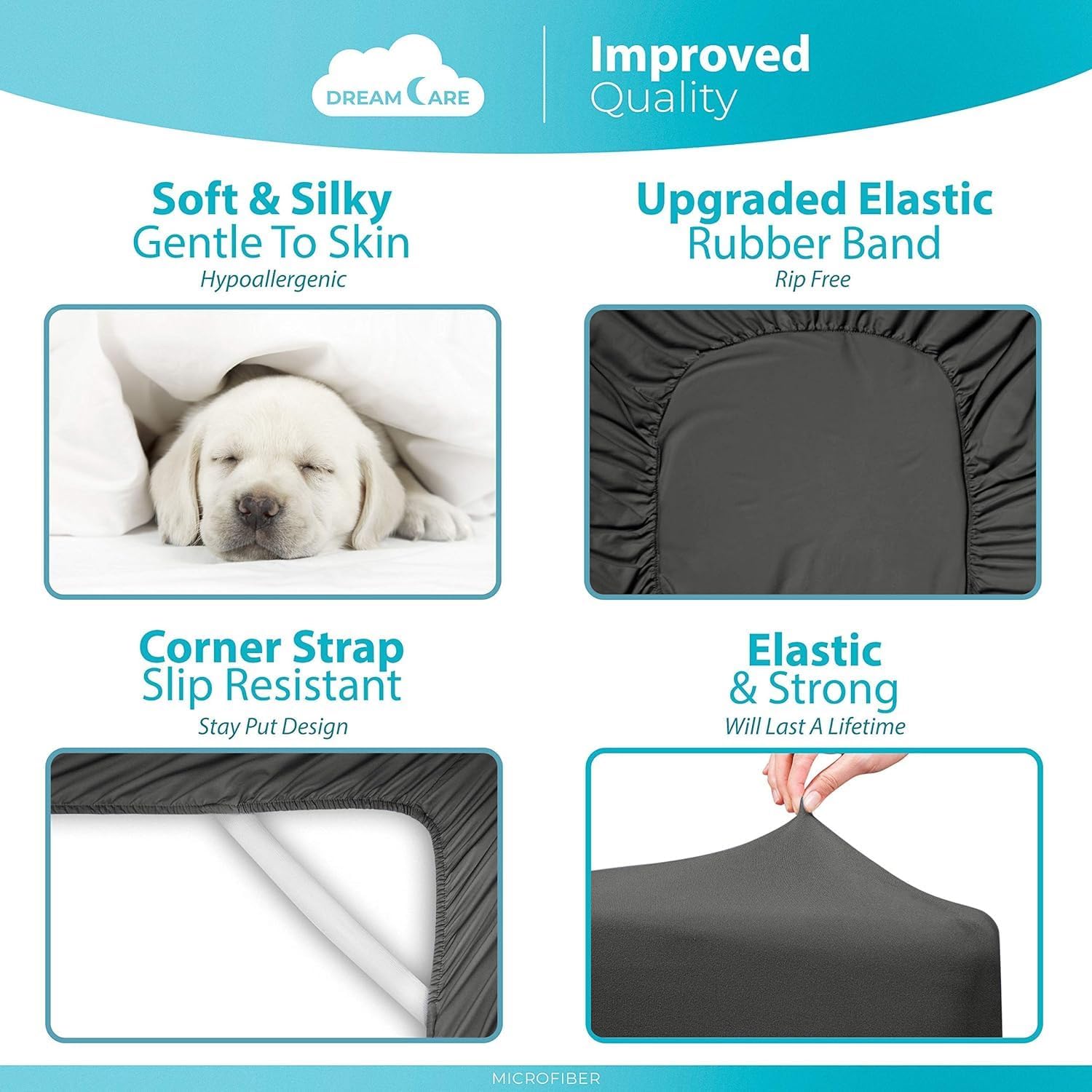 Detalle 2 de DREAMCARE King Fitted Sheet, Dark Grey Brushed Microfiber, Pocket up to 15in