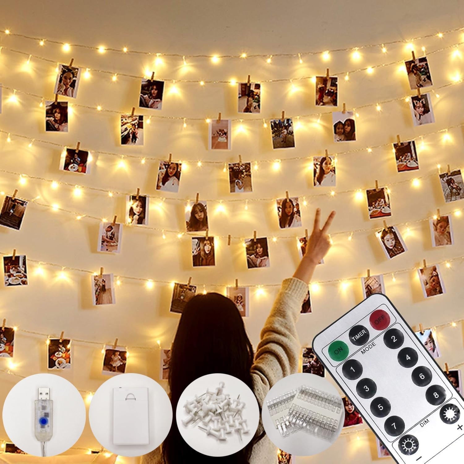 Detalle de Microwear Garland lichtslinger met fotoclips, 10 m, 100 warmwitte leds