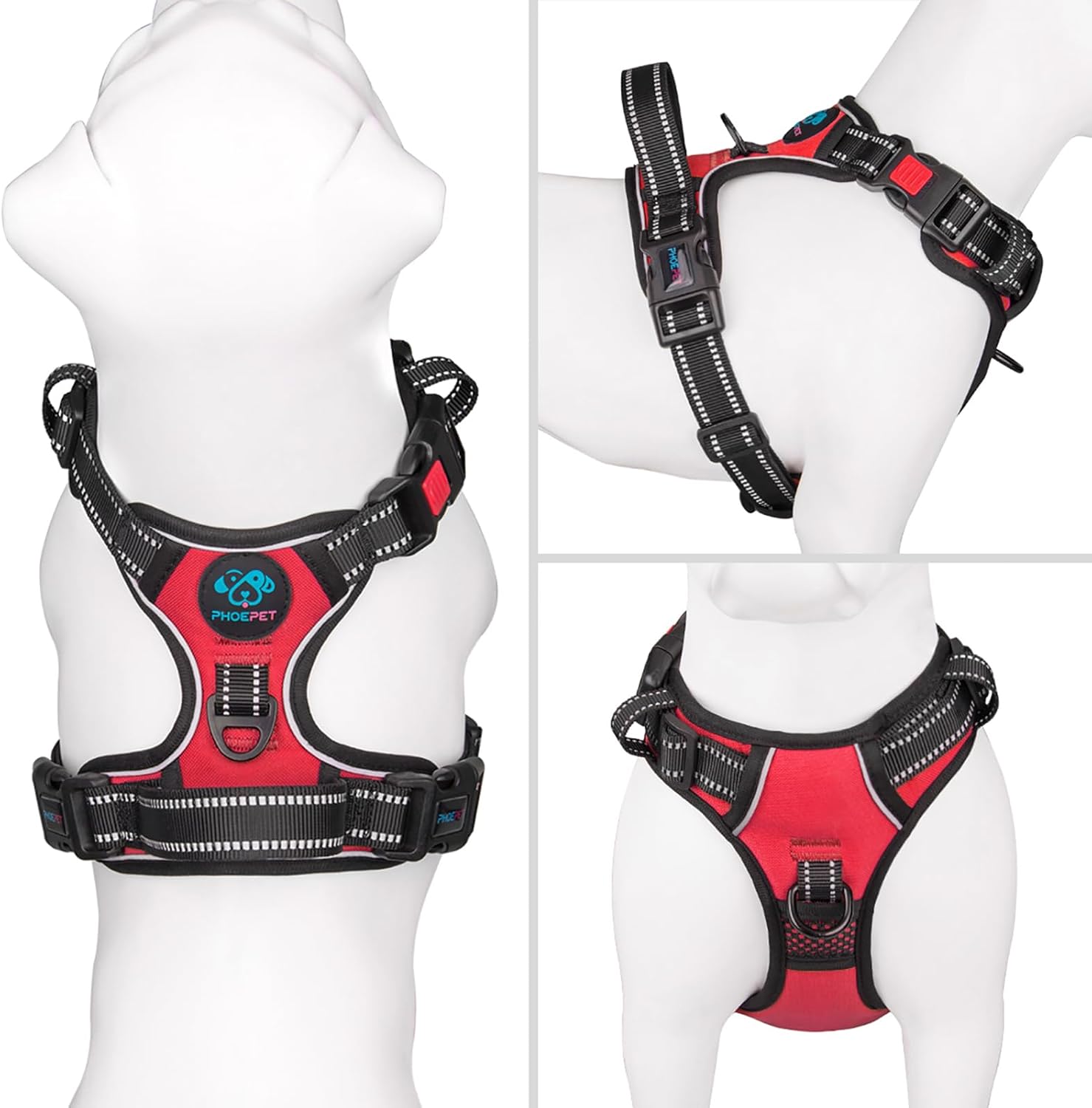 Detalle de PHOEPET No Pull Dog Harness with Reflective Strips and Front/Back D-Rings (Red, XL)