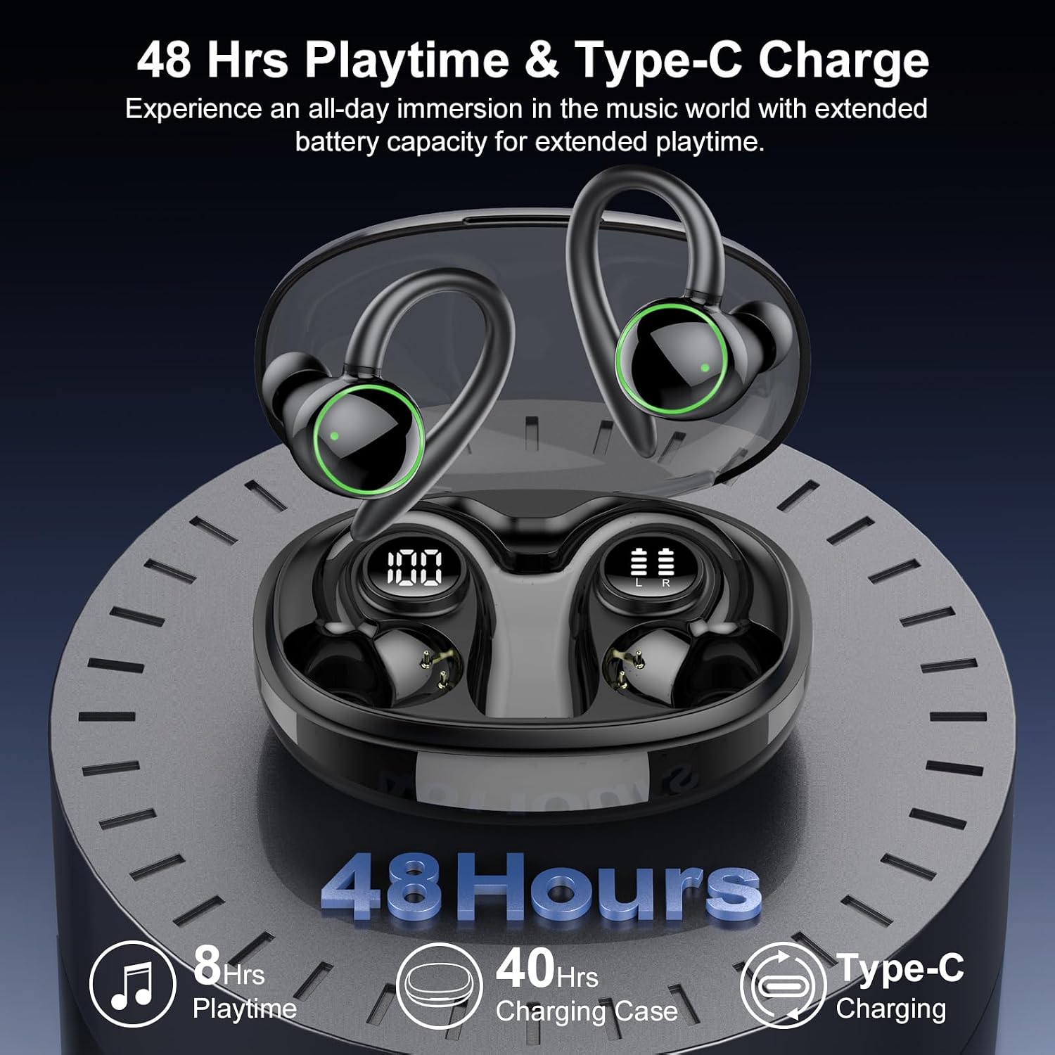 Detalle 2 de PEFUPEW Bluetooth Kopfhörer Sport – Kabellose In-Ear mit 5.3, ENC Noise Cancelling, 48 Std Laufzeit, IP7, LED-Anzeige