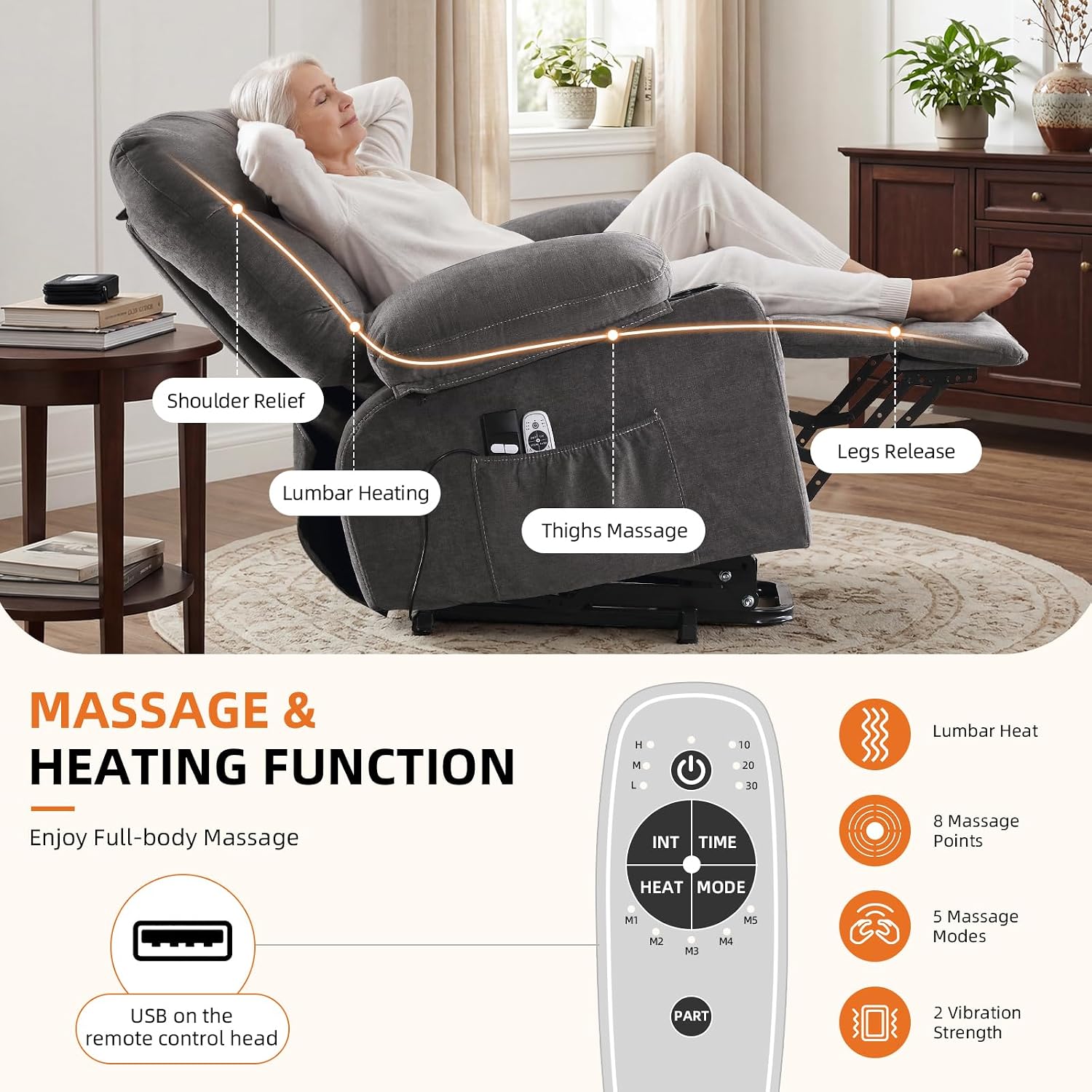 Detalle 2 de KWKSV 1361 Power Lift Recliner with Massage, Heat, and Storage