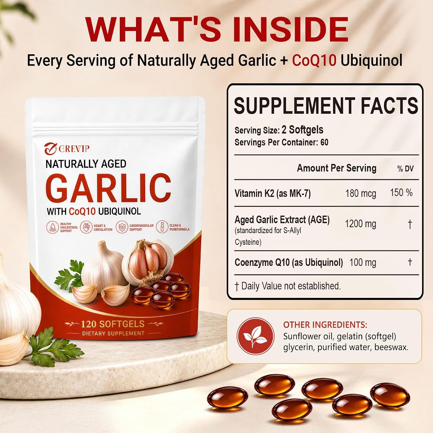Detalle 2 de GREVIP Aged Garlic Extract Softgels, 120 Count with CoQ10 and Vitamin K2
