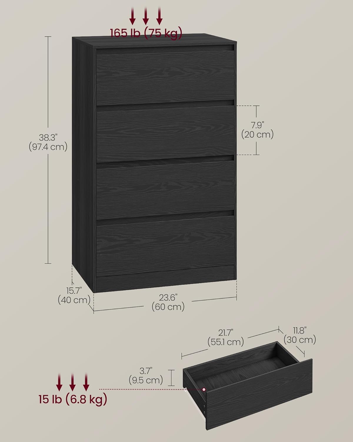 Detalle de VASAGLE KAILYN LTS614BE05 4-drawer chest of drawers in ebony black (40 x 60 x 97.4 cm)