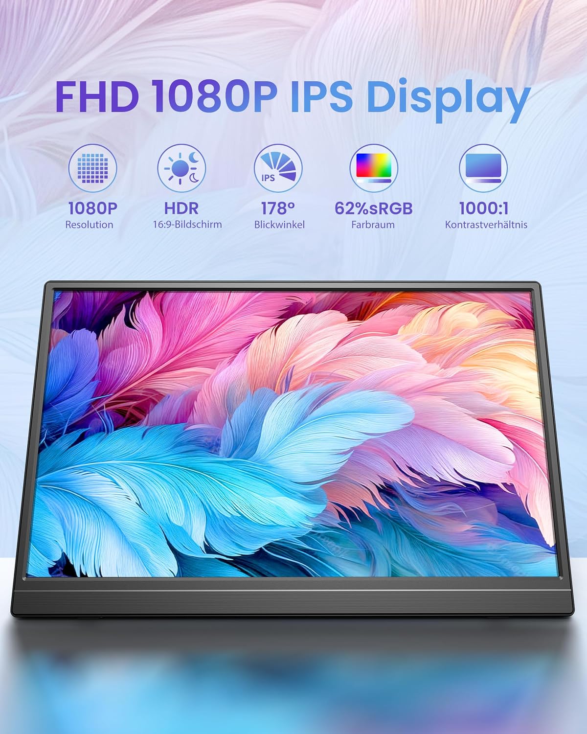 Detalle de iProda Portable Monitor 15,6 Zoll – mobiler Full HD Bildschirm mit USB-C/HDMI, integriertem Standfuß, Lautsprecher und VESA-Kompatibilität