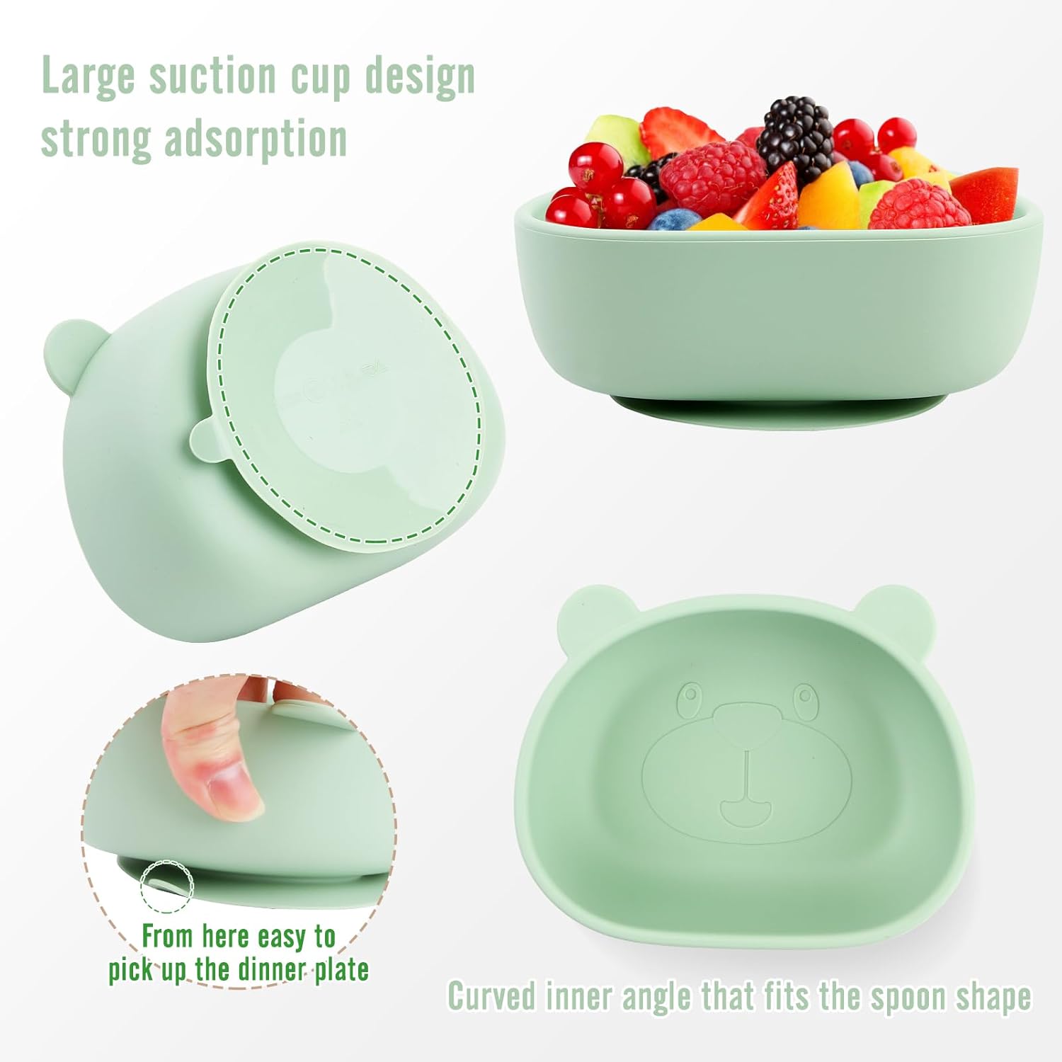 Thumbnail 5 de Qshare Baby Weaning Set: suction plates with 3 divided silicone sections (green) + cutlery and bib