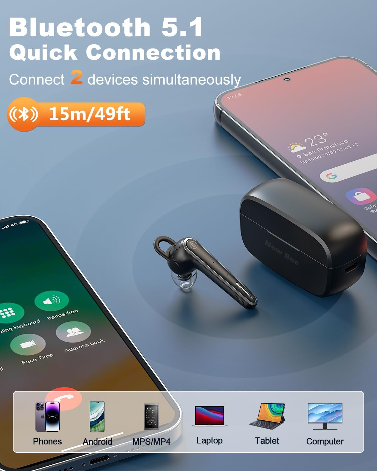 Thumbnail 5 de New Bee Bluetooth Headset V5.1 with Dual ENC Mic & 500mAh Charging Case (up to 50Hrs) – hands-free for driving, office & business