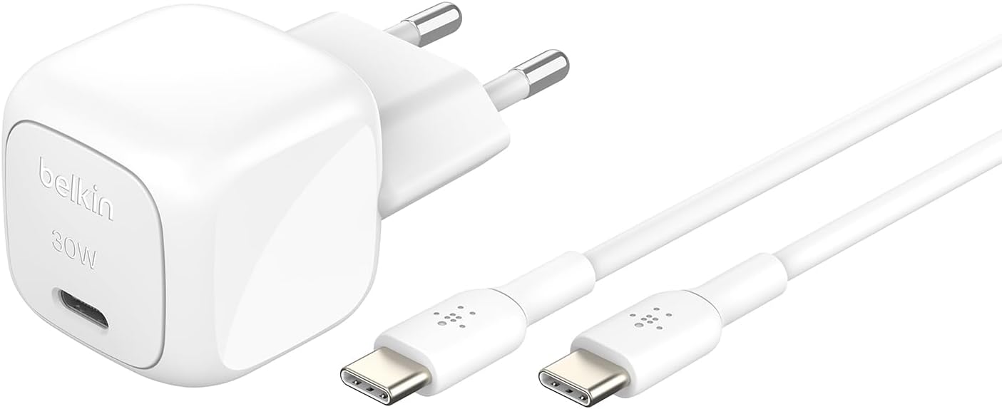 Detalle de Belkin Chargeur secteur compact BoostCharge 30 W USB‑C Power Delivery (câble USB‑C vers C inclus, blanc)