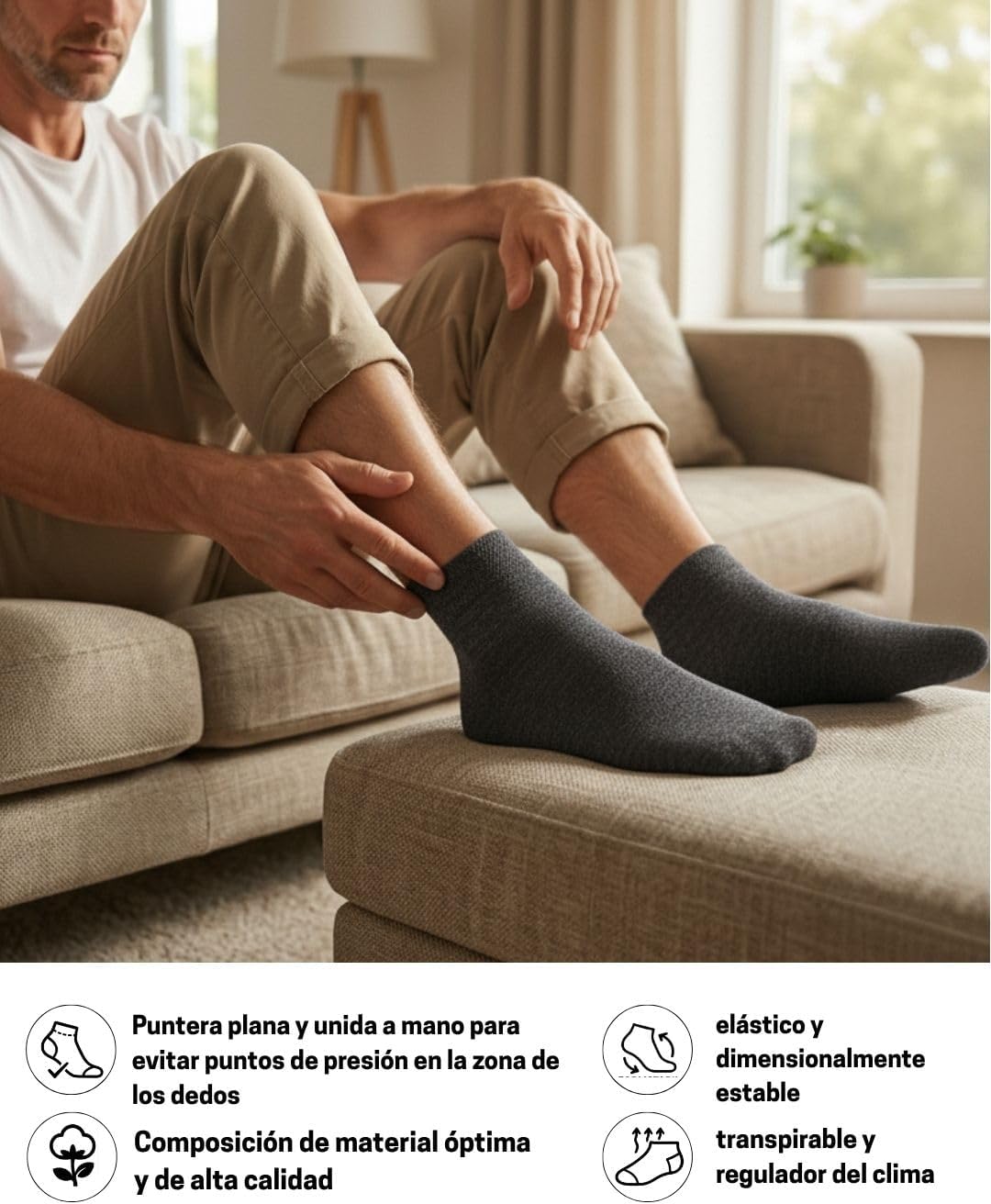 Detalle 2 de sockenkauf24 10 paia di calze diabetiche quarter senza elastico, cotone senza cuciture (uomo e donna)