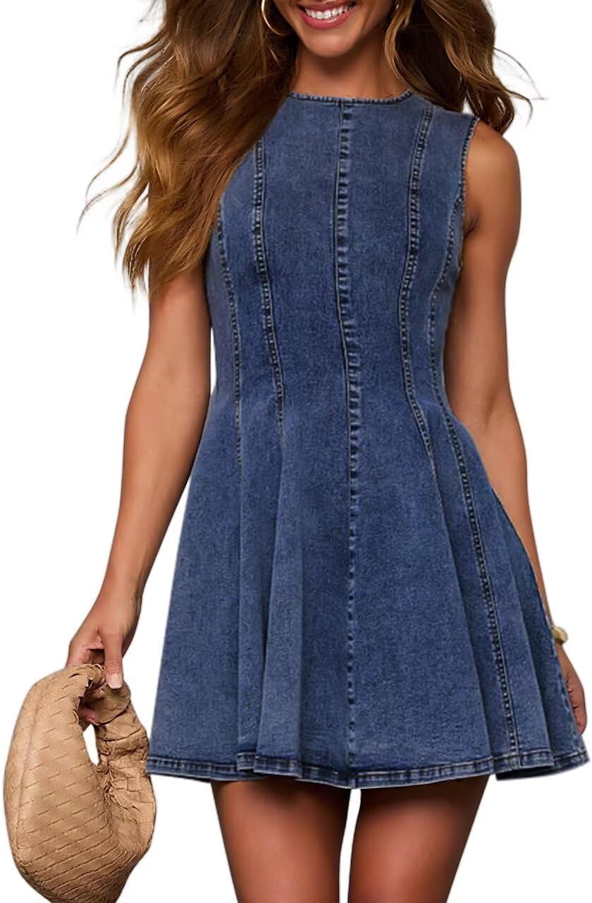 Detalle de KDF Denim Dress for Women — Sleeveless Babydoll Tank, Slim Fit A-Line Summer Dress
