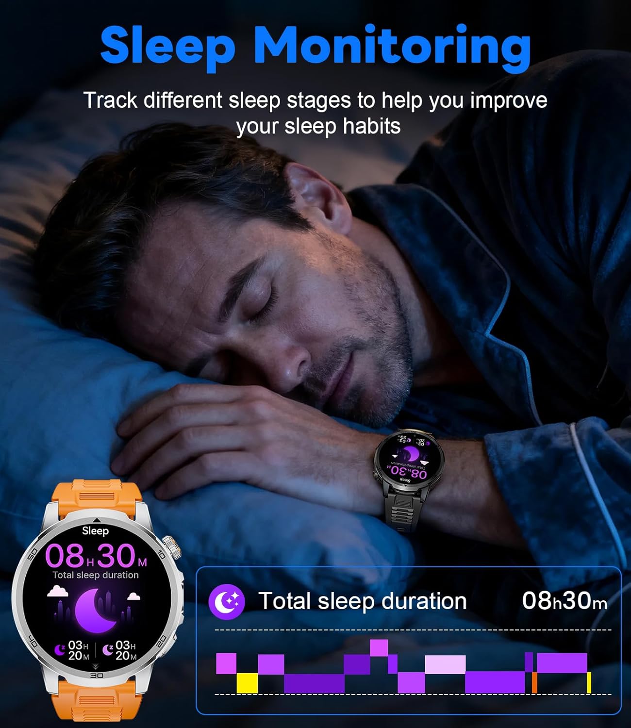 Thumbnail 5 de Montre Connectée Homme 1,85" : écran tactile, appels Bluetooth, cardio & sommeil, IP68, torche LED