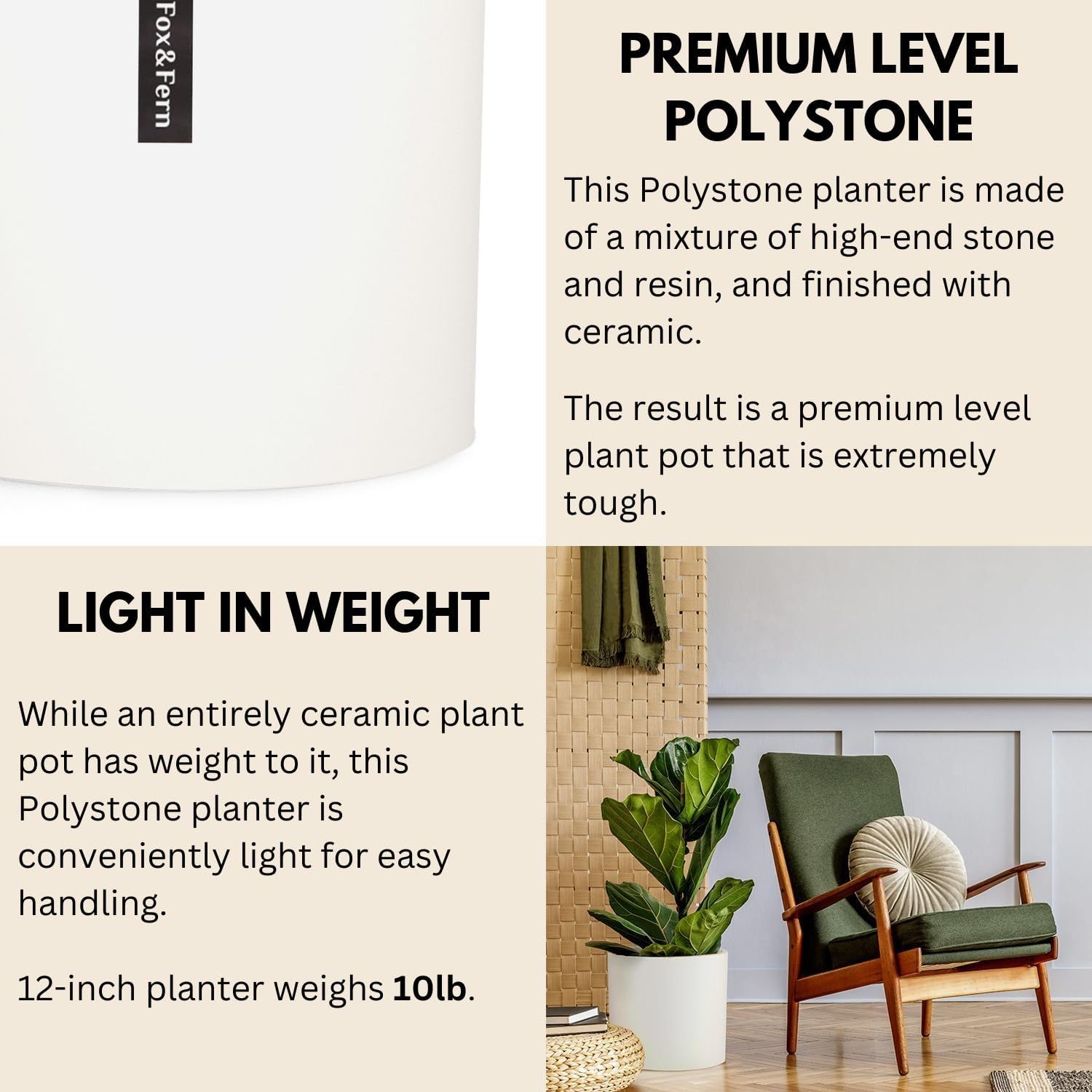 Detalle de Fox & Fern PP-LINE-MW-SMSET Plant Pot, Matt White with Drainage Plug