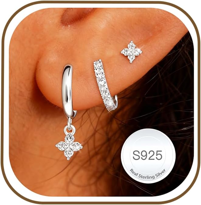 AVOTTO 3-pair sterling silver stud hoop earrings set (hypoallergenic) for women