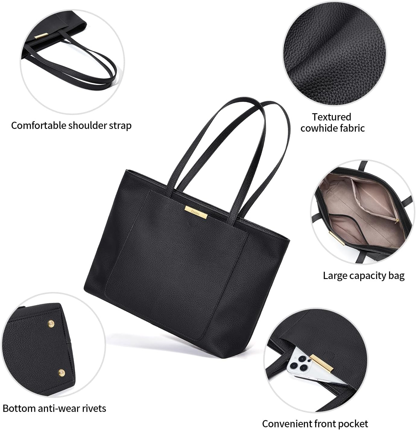 Detalle de Cnoles Women's Top-Handle Genuine Leather Tote Bag: Large Capacity Everyday Companion