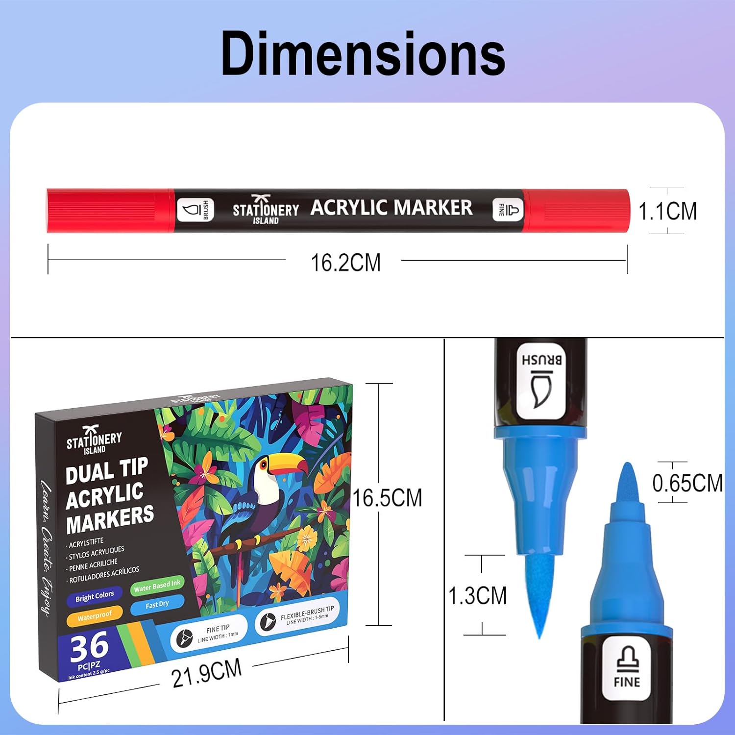 Thumbnail 6 de STATIONERY ISLAND Feutre Acrylique – Ensemble 36 couleurs, double pointe (fine et pinceau) pour roche, tissu, bois, verre et papier