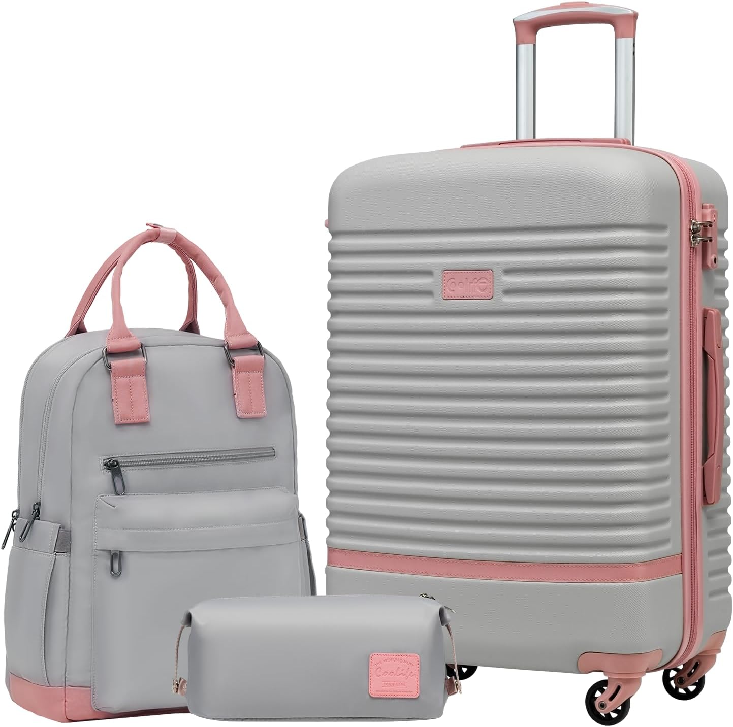 Detalle de Coolife Valise 3 Pièces – Ensemble rigide ABS avec TSA, Roues 360° et Sac à Dos (Gris/Rose) – Moyenne