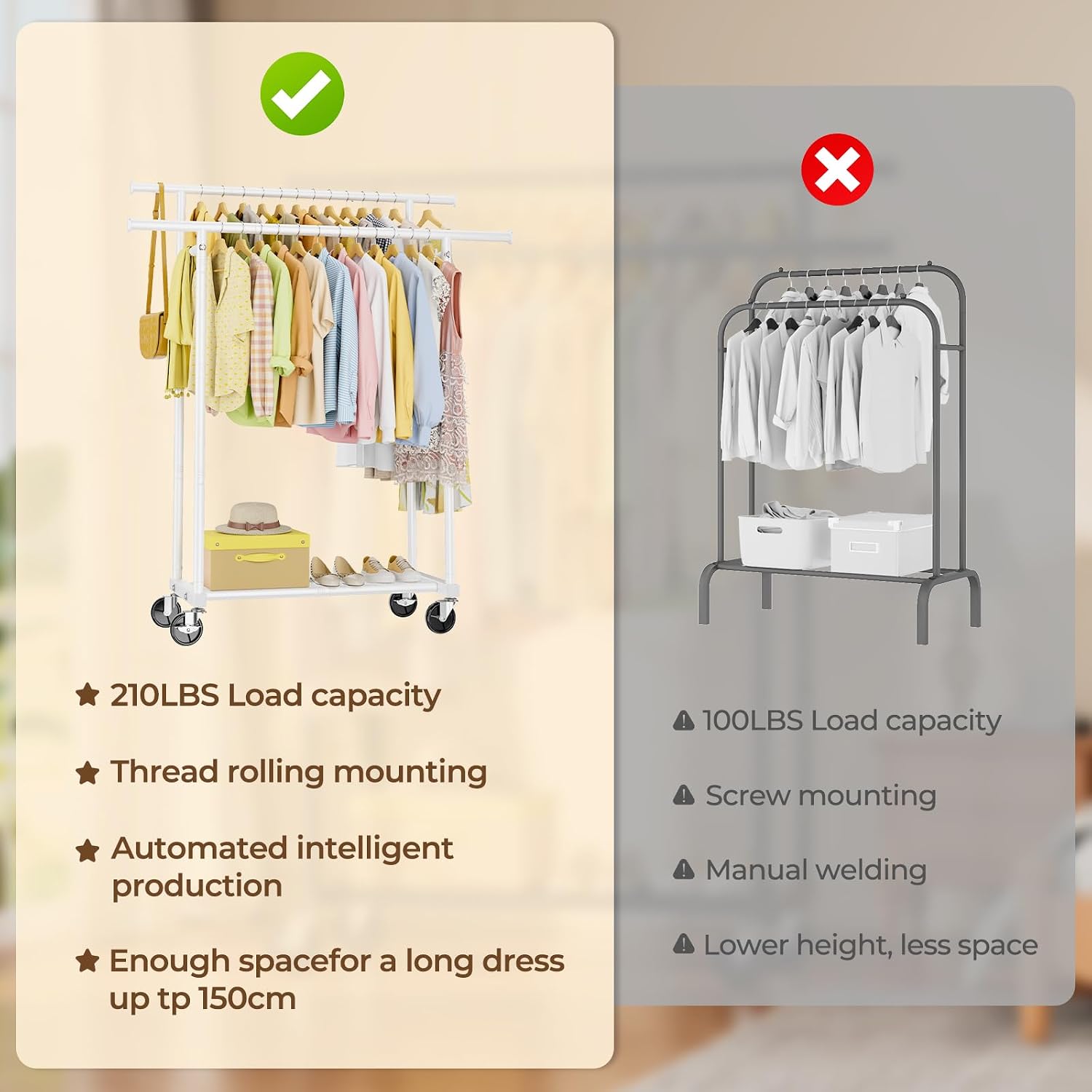 Detalle 2 de HYSEYY Double Rods Clothes Rack, Metal Rolling Rack with Storage Shelf, White