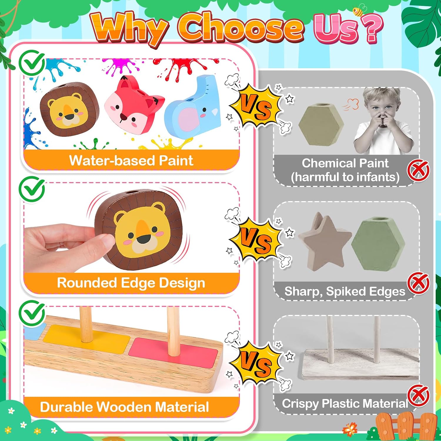Detalle de Montessori Wooden Stacking Animal Toy Set for 1–3 Year Olds (Elephant, Lion, Fox)