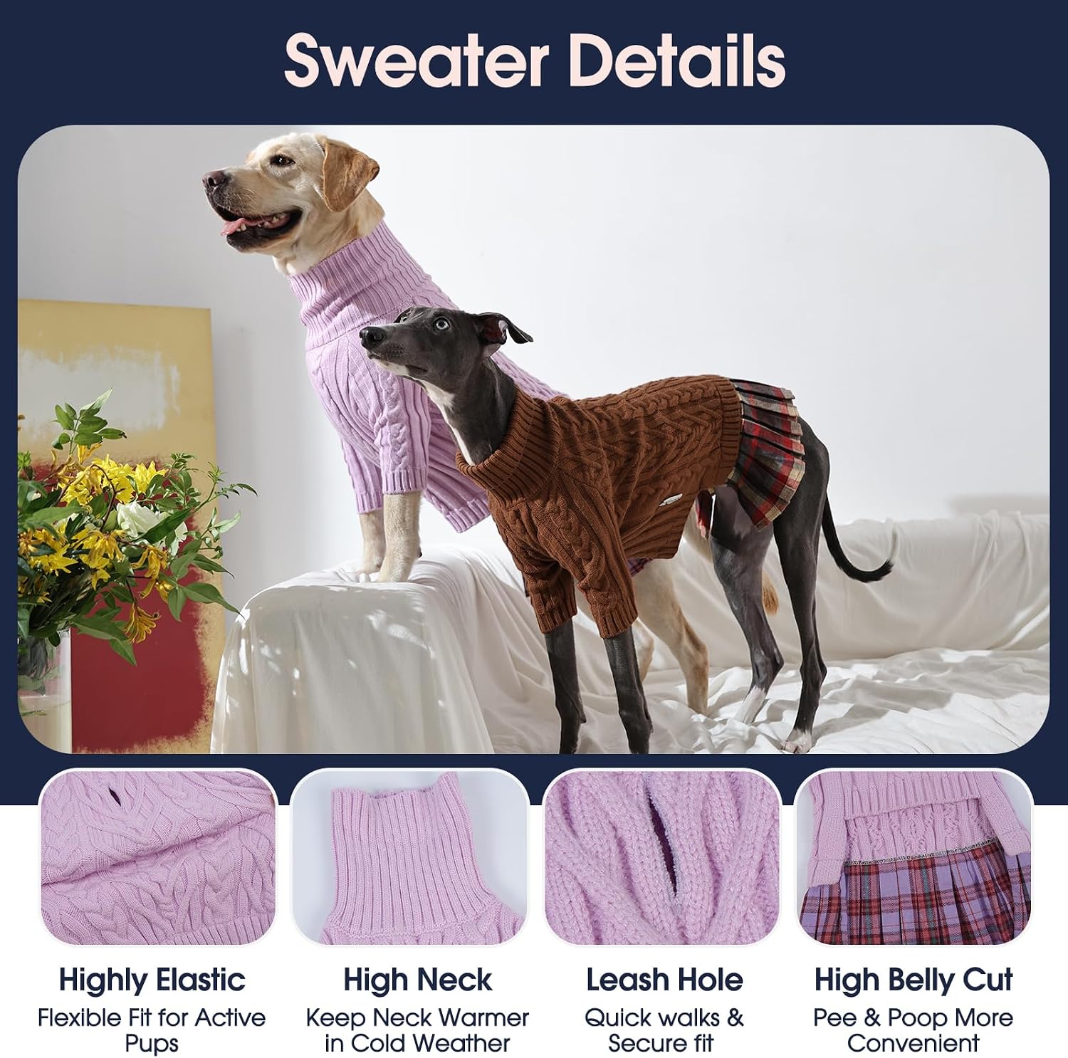 Detalle de IECOii Dog Sweater Dress, Large Knit Turtleneck with Plaid Skirt and Leash Hole